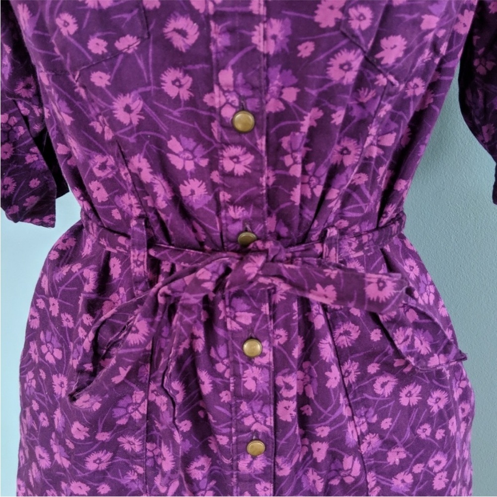 NWOT Merona Purple Floral 3/4 Sleeve Belted Shirt Dress with Pockets, Size L - Picture 7 of 14